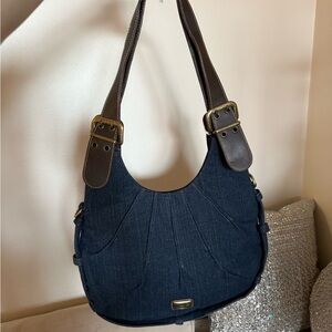 Vintage Guess Blue Denim Hobo Bag with Brown Trim